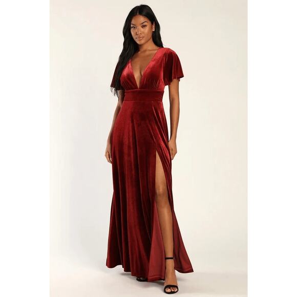 Lulus Dresses & Skirts - NWT Lulus Stunning Days Red Velvet Flutter Sleeve Maxi Dress Sz XS